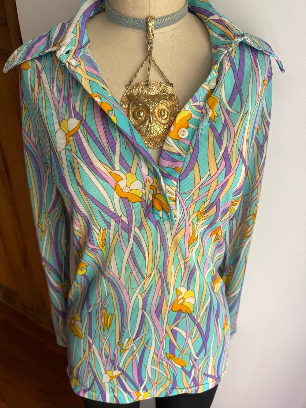 Vintage 70s Psychedelic Polo Knit Top Pastel Mod Long Sleeve Retro Nylon Shirt